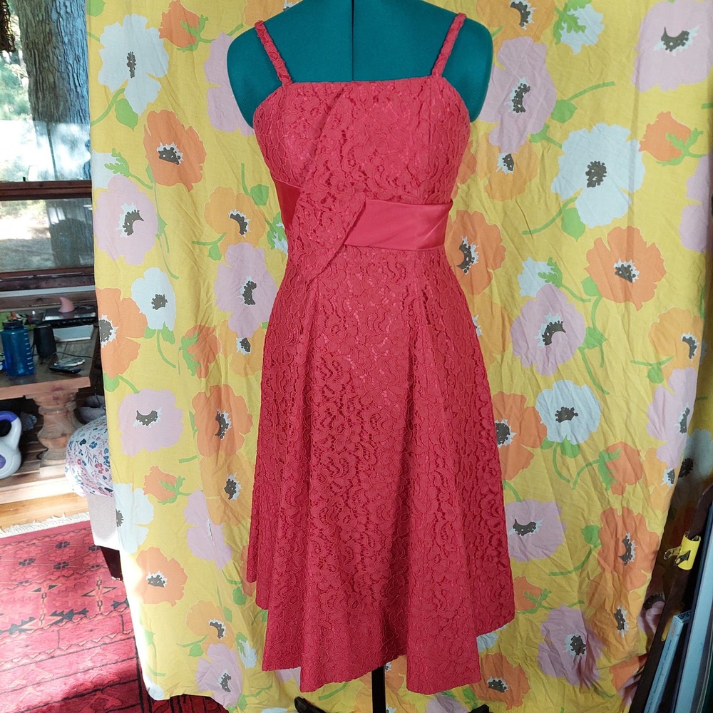 Vintage 1950s Suzy Perette Red Lace Cocktail Dress Metal Zipper Bow Back Sz 12